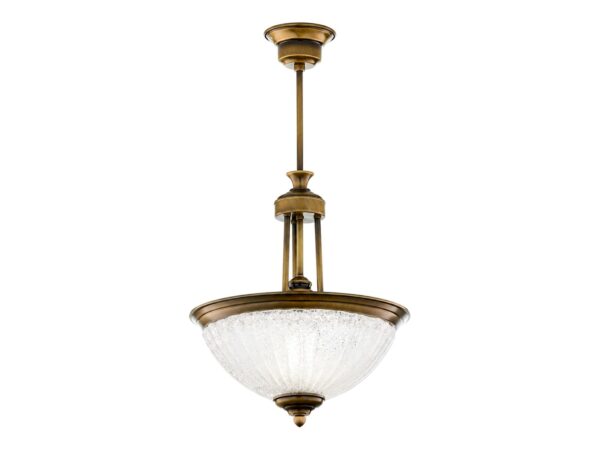 Lampa wisząca Carmen ze szklanym kloszem, antyczny mosiądz na białym tle