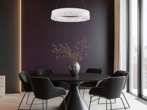 Miniaturka 3 - Biała lampa Celatia LED nad ciemnym stołem w eleganckiej jadalni