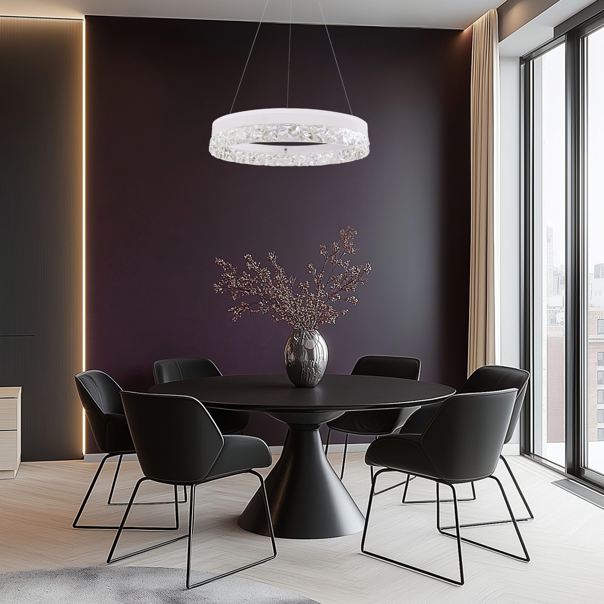 Biała lampa Celatia LED nad ciemnym stołem w eleganckiej jadalni