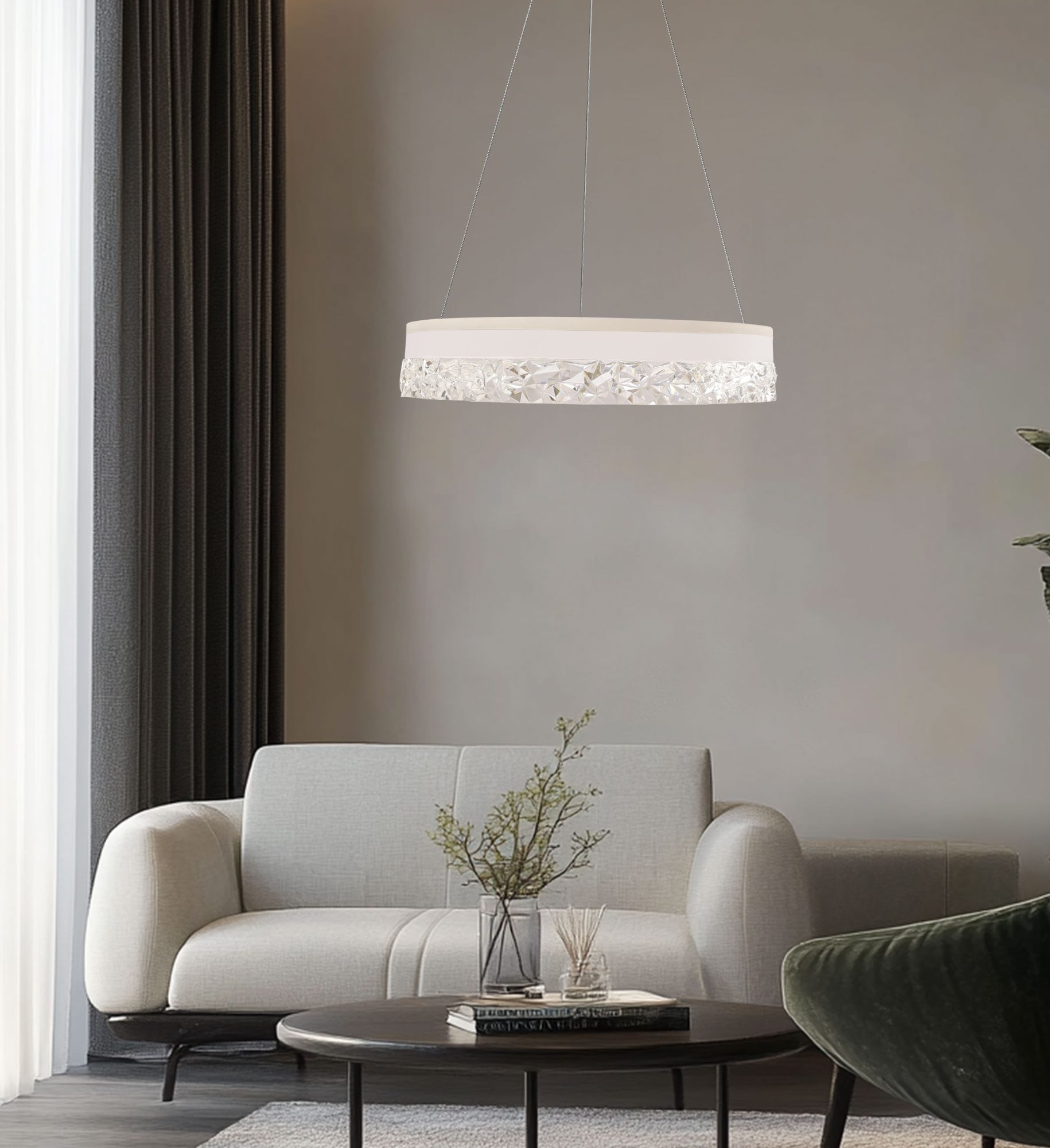 Biała lampa LED Celatia nad stolikiem w jasnym salonie