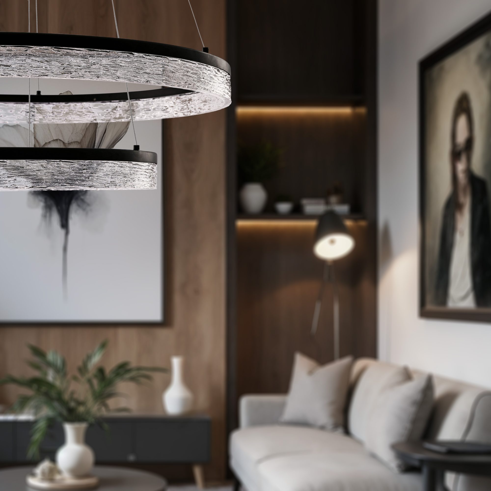 Detal podświetlonych pierścieni LED lampy wiszącej Celatia we wnętrzu