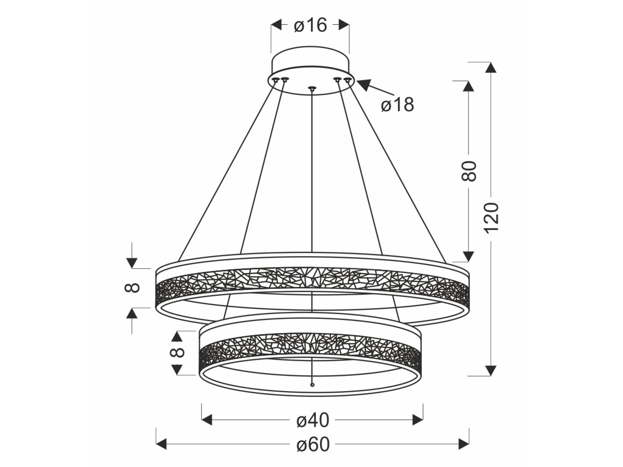 Rysunek wymiarowy dwupierścieniowej lampy Celatia 60 cm