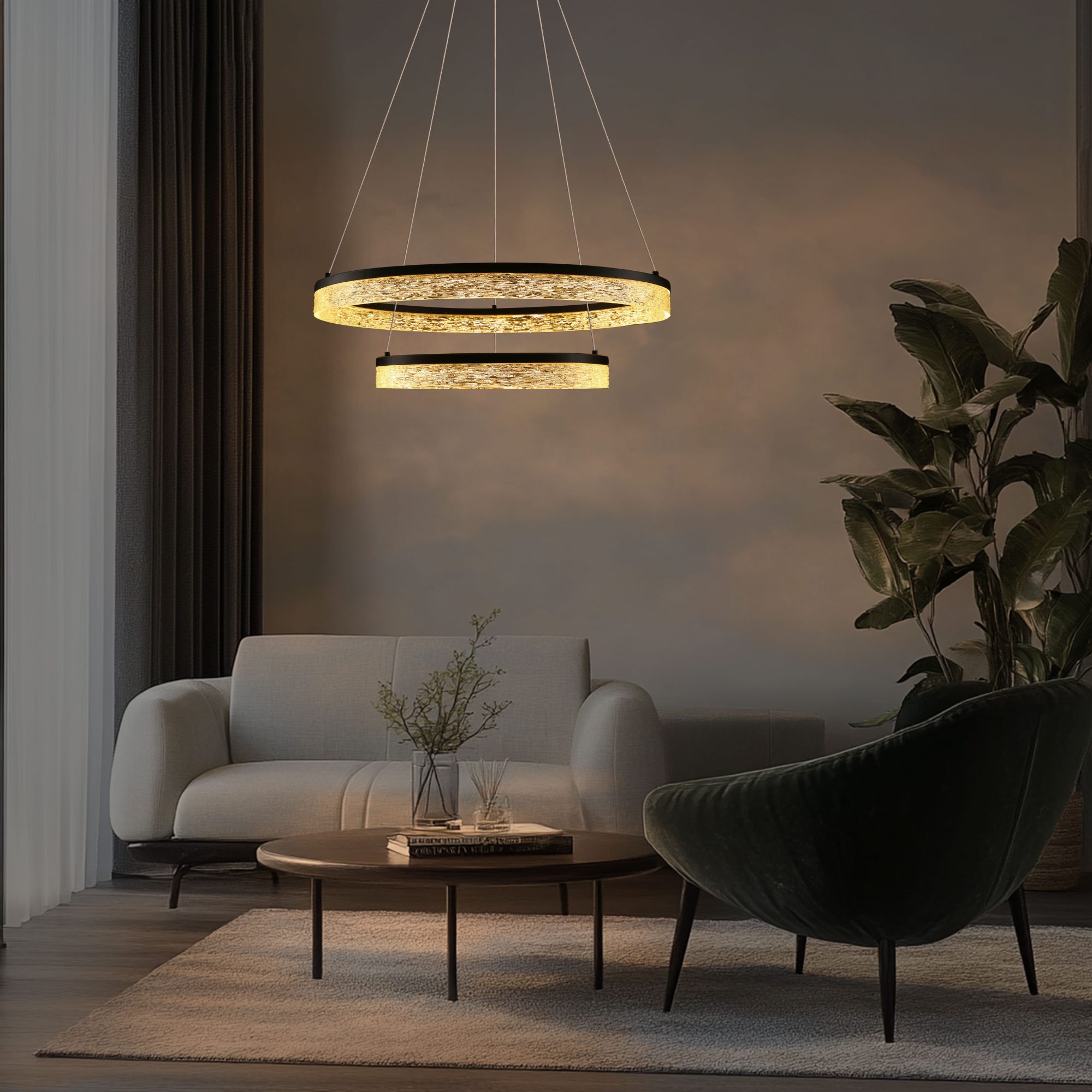 Lampa wisząca Celatia z dwoma świecącymi pierścieniami nad stolikiem