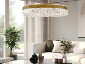Miniaturka 6 - Złota lampa LED Celatia nad stolikiem w jasnym salonie