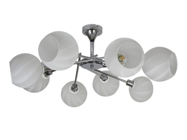 Lampa wisząca Celavio z ośmioma białymi szklanymi kloszami i chromowanymi ramionami