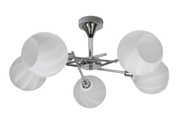 Pięcioramienna lampa Celavio chrom z pięcioma białymi szklanymi kloszami