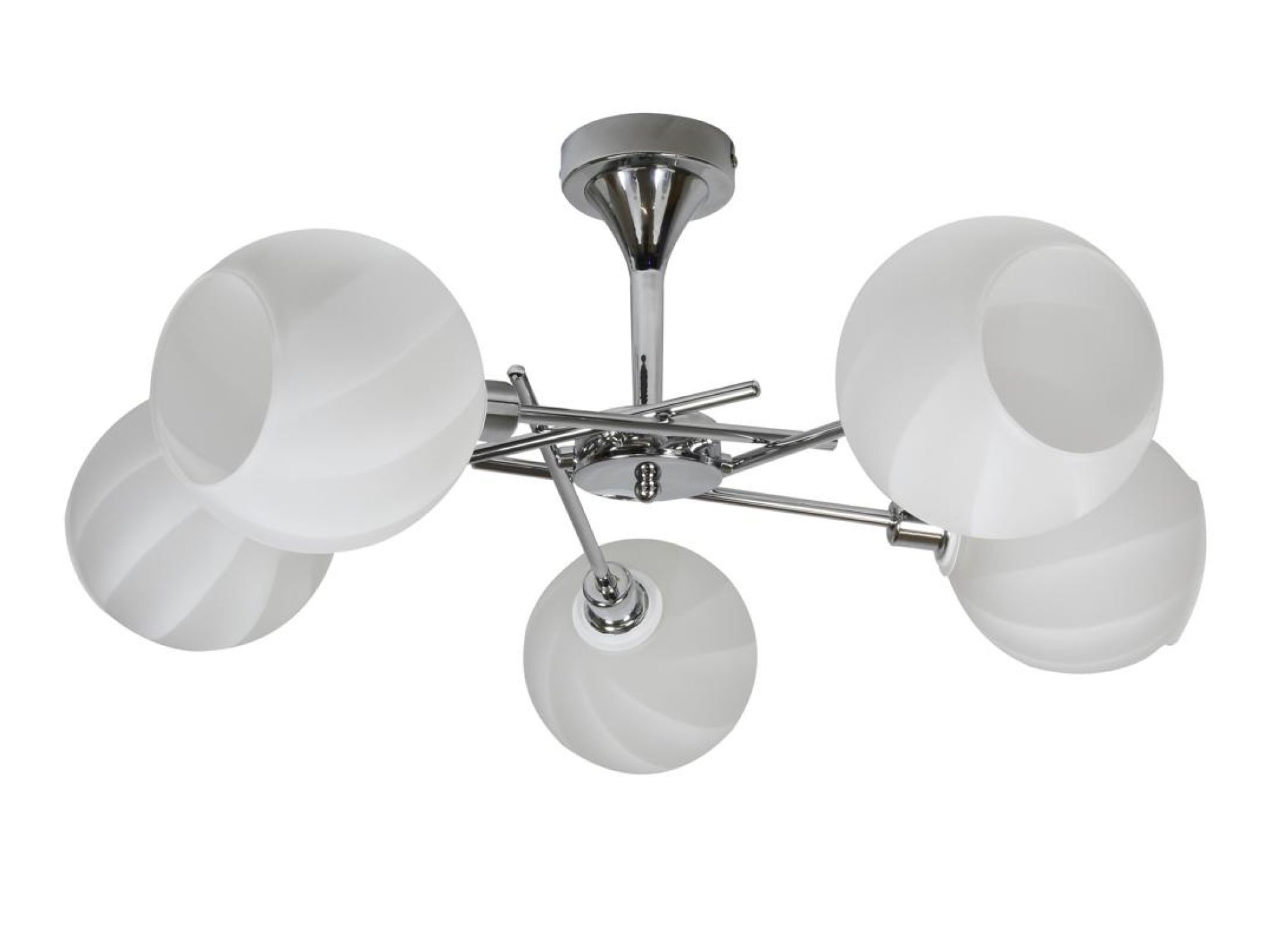 Pięcioramienna lampa Celavio chrom z pięcioma białymi szklanymi kloszami