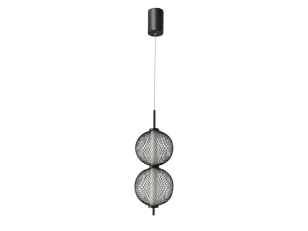 Lampa wisząca Celenia LED czarna z dwiema ażurowymi kulami na białym tle