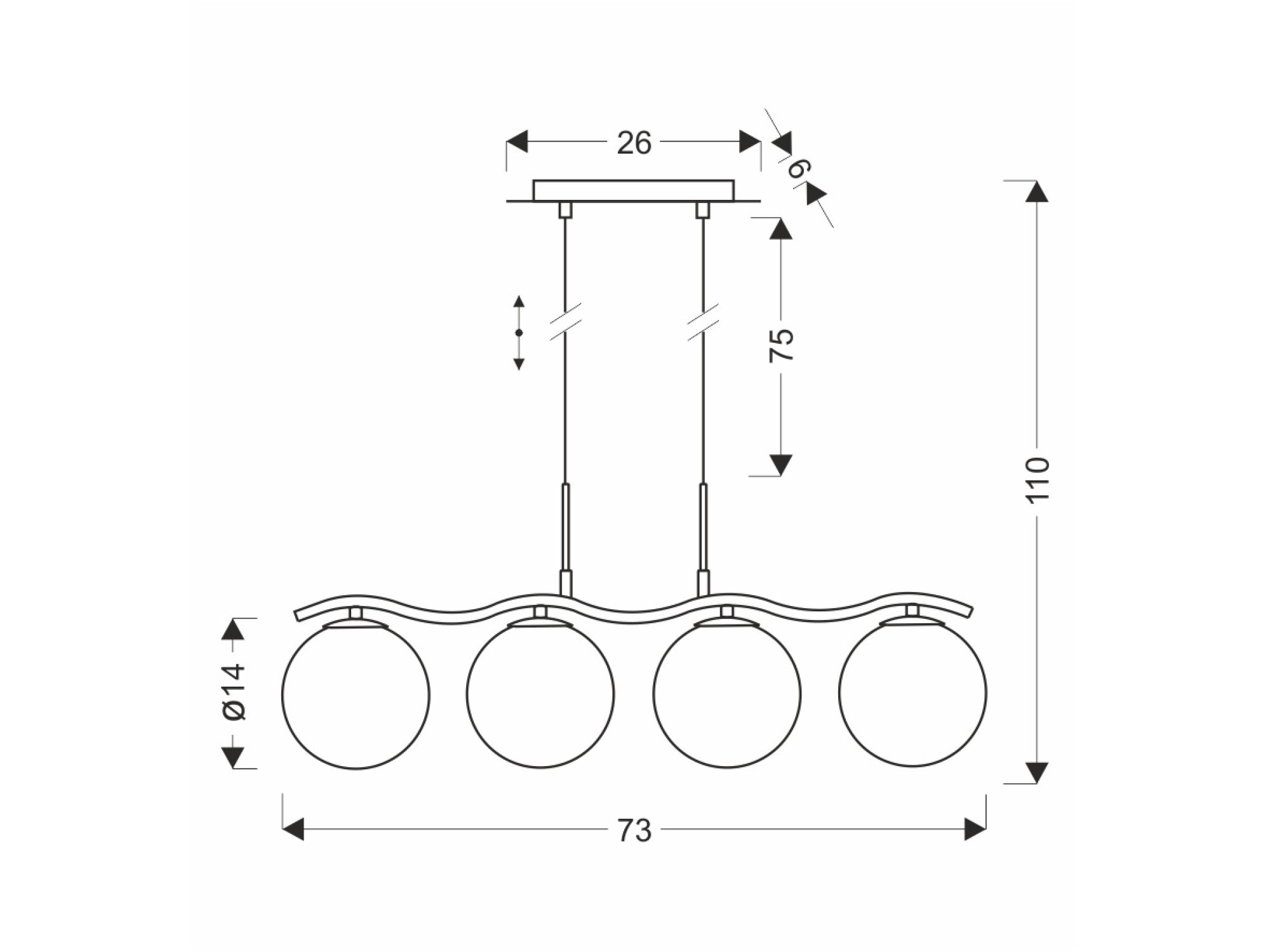Lampa Celetino cztery szklane kule schemat wymiarów 73 na 110 cm