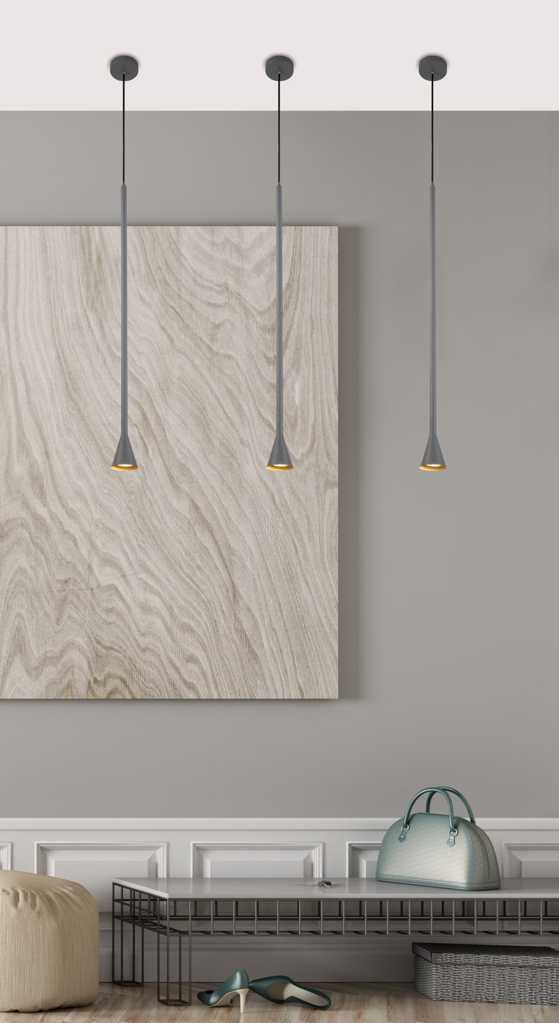 Trzy szare lampy wiszące Celidano w aranżacji salonu