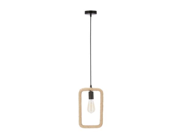 Lampa wisząca Celodira z czarnym zawieszeniem i prostokątną ramą owiniętą beżową liną