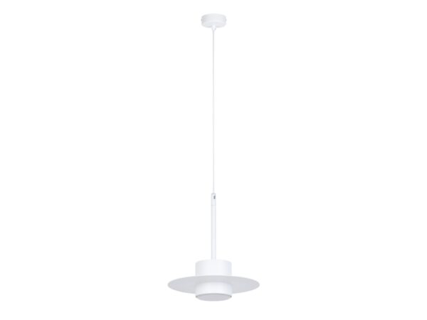Lampa wisząca Charlie S w kolorze białym z płaskim metalowym kloszem i rozetą.