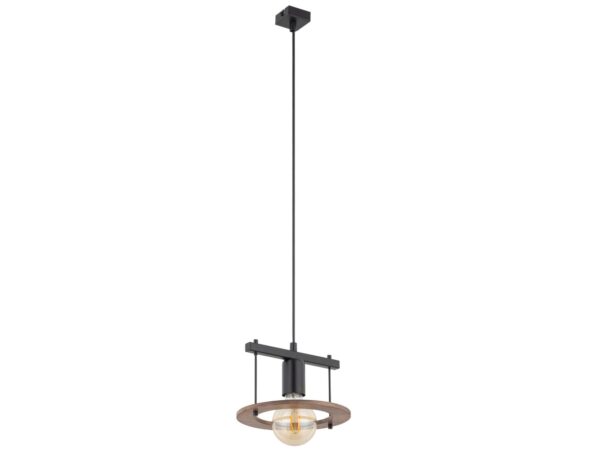 Lampa wisząca Coffee 1 z czarnym korpusem i brązowym pierścieniem ze sklejki, pełny widok.