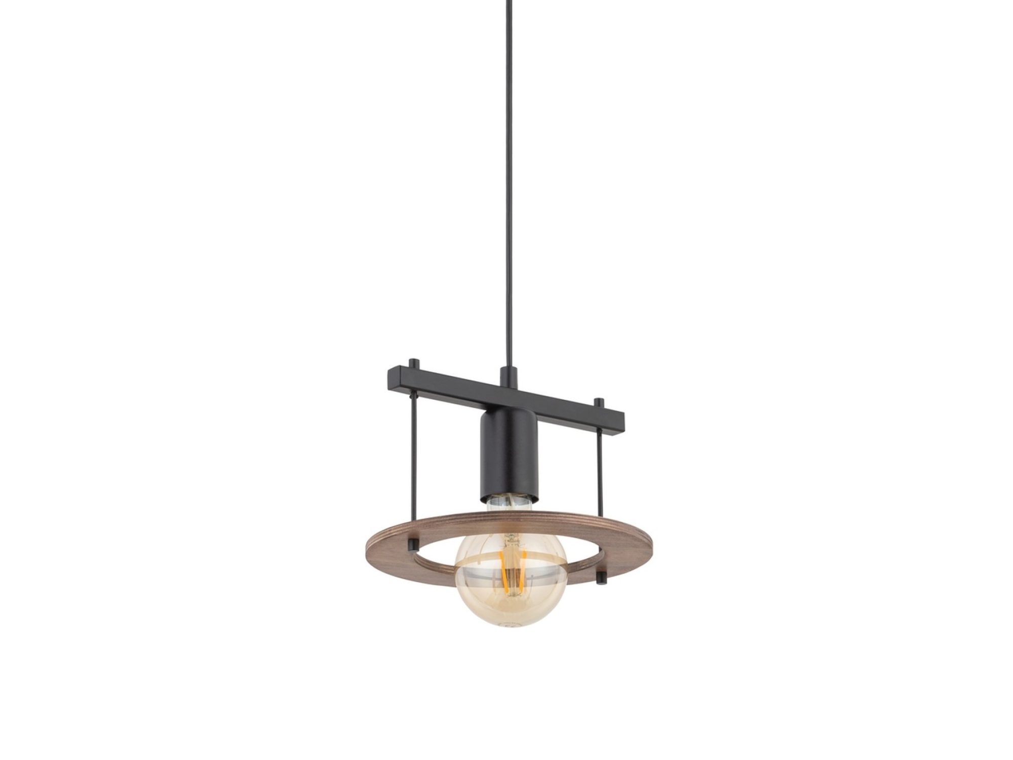 Lampa wisząca Coffee 1 z czarnym stalowym wspornikiem i brązowym pierścieniem ze sklejki.