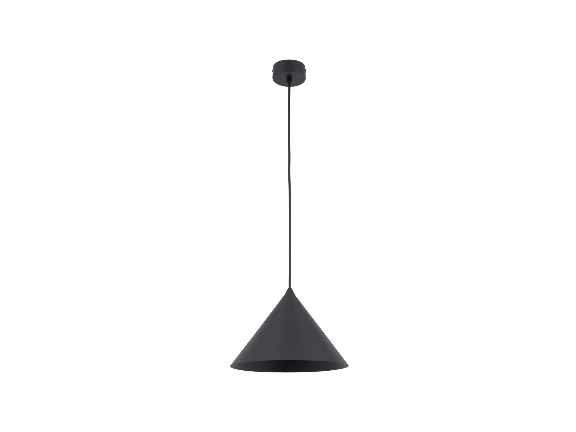 Czarna lampa wisząca Cono M ze stożkowym metalowym kloszem na białym tle