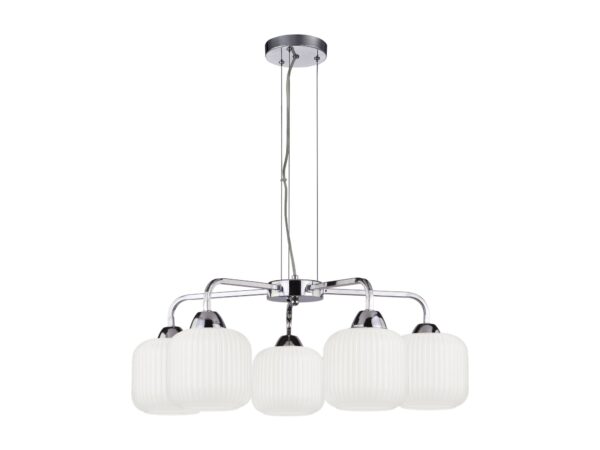 Lampa wisząca Corama z pięcioma białymi kloszami i chromowaną oprawą