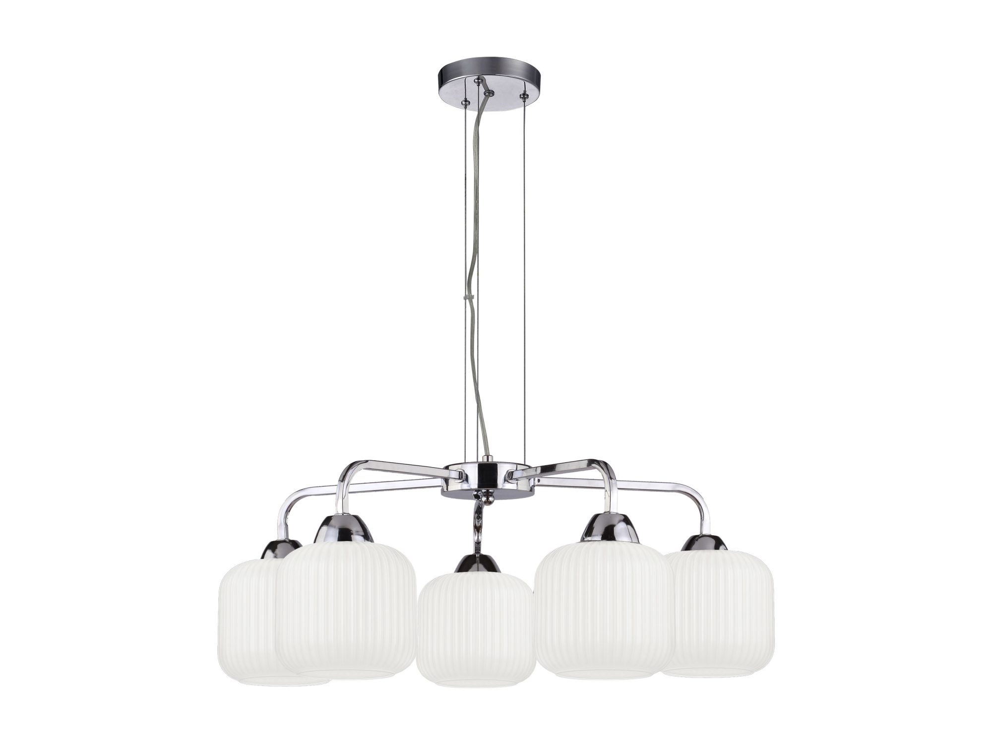 Lampa wisząca Corama z pięcioma białymi kloszami i chromowaną oprawą