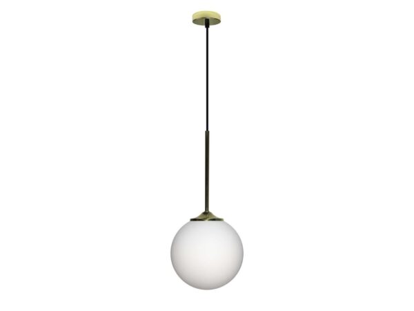 Lampa wisząca Coraveta złota z białą szklaną kulą 18 cm na białym tle