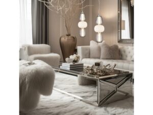 Miniaturka 3 - Chromowane lampy wiszące Corenia 28 W nad stolikiem w jasnym salonie