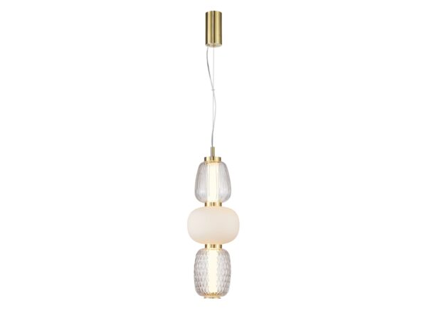 Złota pionowa lampa Corenia LED 28 W z trzema szklanymi segmentami na białym tle