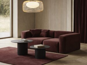 Miniaturka 2 - Lampa Coretino ze złotą siatką nad burgundową sofą w salonie