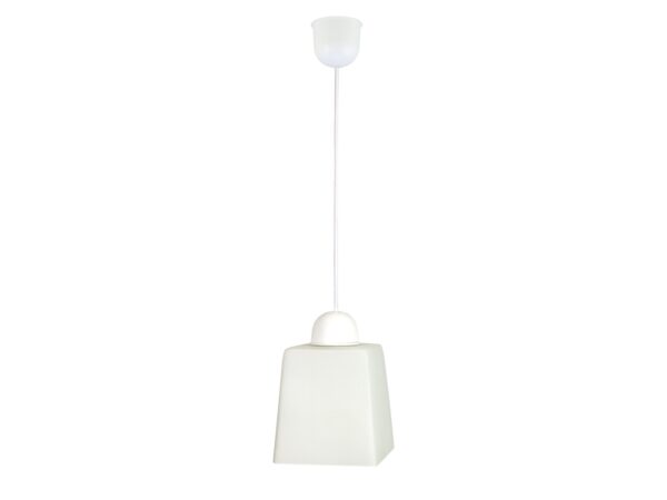 Biała lampa wisząca Corevora z geometrycznym szklanym kloszem na białym przewodzie