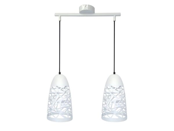 Lampa wisząca Corileta z dwoma białymi metalowymi kloszami i czarnymi przewodami