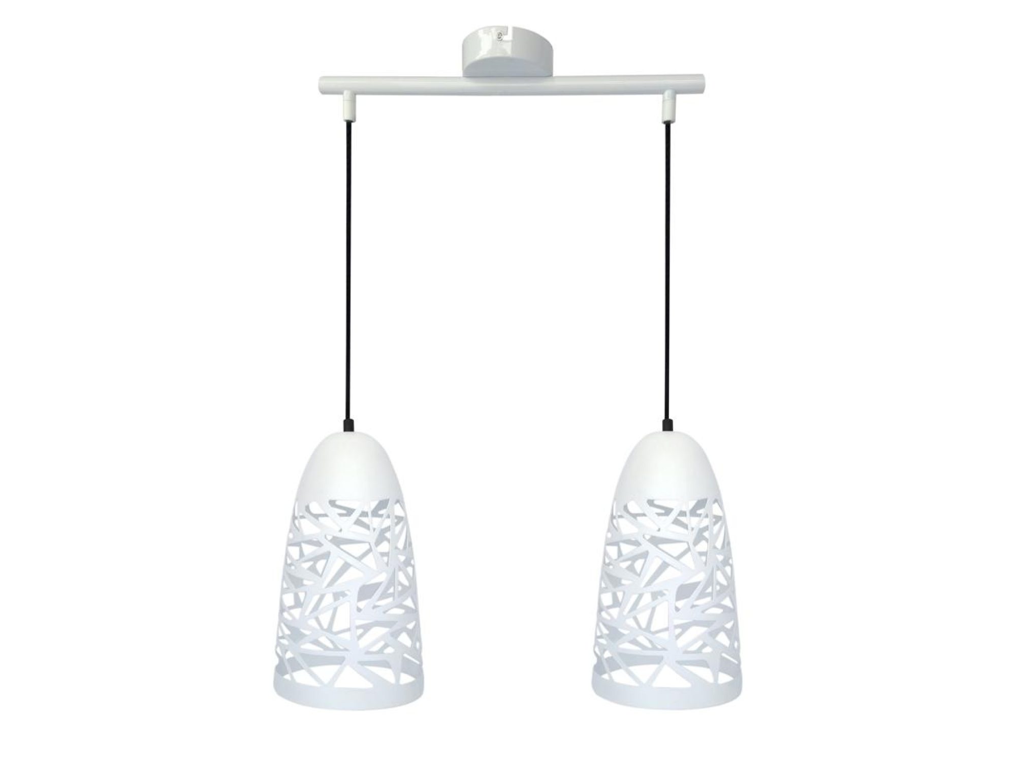 Lampa wisząca Corileta z dwoma białymi metalowymi kloszami i czarnymi przewodami