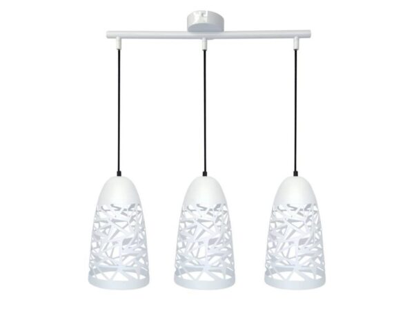 Lampa wisząca Corileta biała z trzema ażurowymi kloszami i czarnymi przewodami