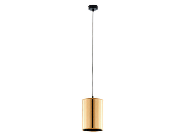 Lampa wisząca Cortina z pasiastym kloszem – złota i czarna na białym tle