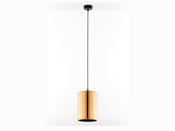 Lampa wisząca Cortina z cylindrycznym złotym kloszem w pionowe pasy i czarnym przewodem