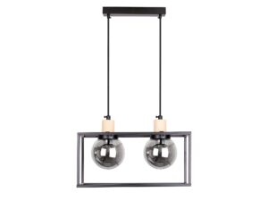 Miniaturka 3 - Czarna lampa wisząca dwupunktowa z dwiema kulami z dymionego szkła w prostokątnej ramie