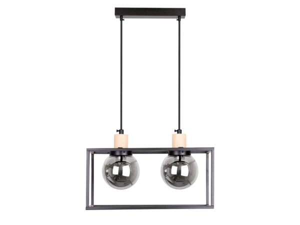 Czarna lampa wisząca dwupunktowa z dwiema kulami z dymionego szkła w prostokątnej ramie
