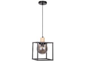 Miniaturka 4 - Czarna lampa wisząca jednopunktowa w kwadratowej ramie z kulą z dymionego szkła na białym tle