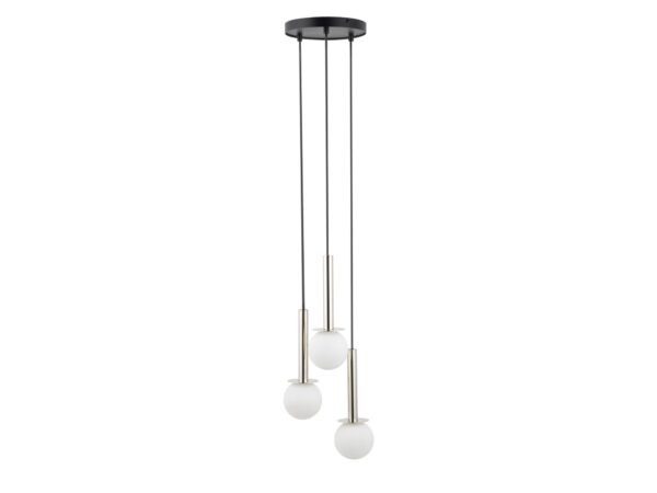 Lampa wisząca Daisy 3 srebrna z białymi kulami, widok całej oprawy