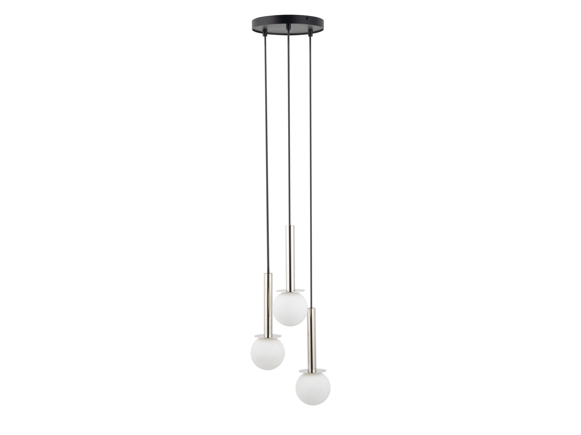 Lampa wisząca Daisy 3 srebrna z trzema białymi kulami, całe zawieszenie