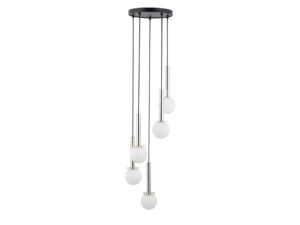 Miniaturka 7 - Lampa wisząca Daisy 5 ze srebrnymi elementami i pięcioma białymi szklanymi kulami na jasnym tle.