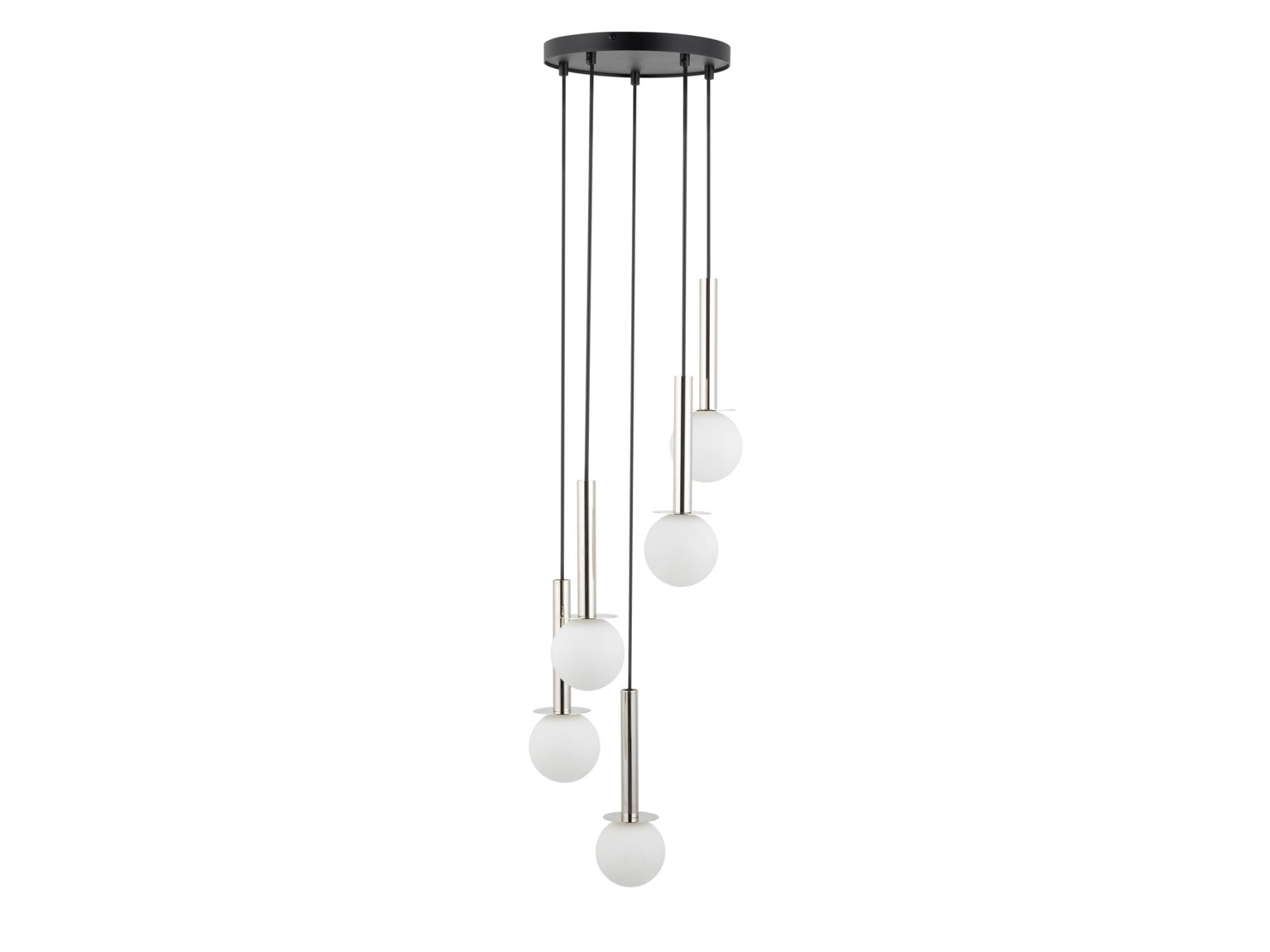 Lampa wisząca Daisy 5 ze srebrnymi elementami i pięcioma białymi szklanymi kulami na jasnym tle.