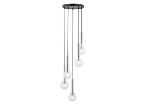 Miniaturka 2 - Lampa wisząca Daisy 5 z pięcioma przezroczystymi kulami i srebrnymi metalowymi elementami.