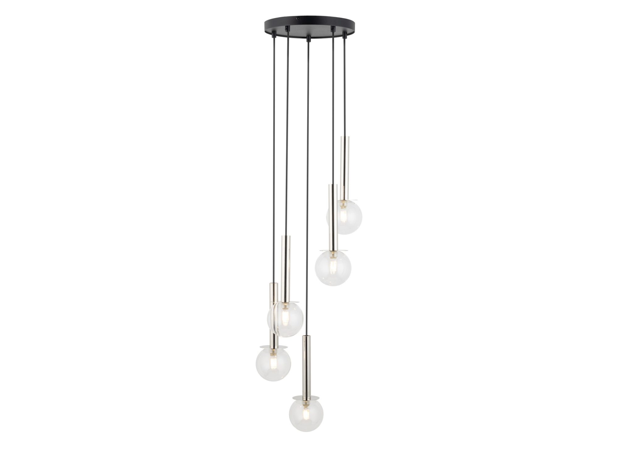 Lampa wisząca Daisy 5 z pięcioma przezroczystymi kulami i srebrnymi metalowymi elementami.