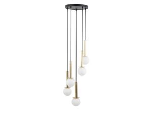 Miniaturka 3 - Lampa wisząca Daisy 5 ze złotymi elementami oraz pięcioma białymi szklanymi kulami.