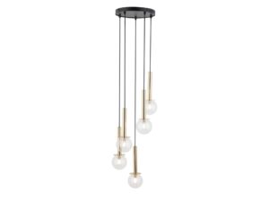 Miniaturka 5 - Lampa wisząca Daisy 5 ze złotymi metalowymi elementami i pięcioma transparentnymi kulami.
