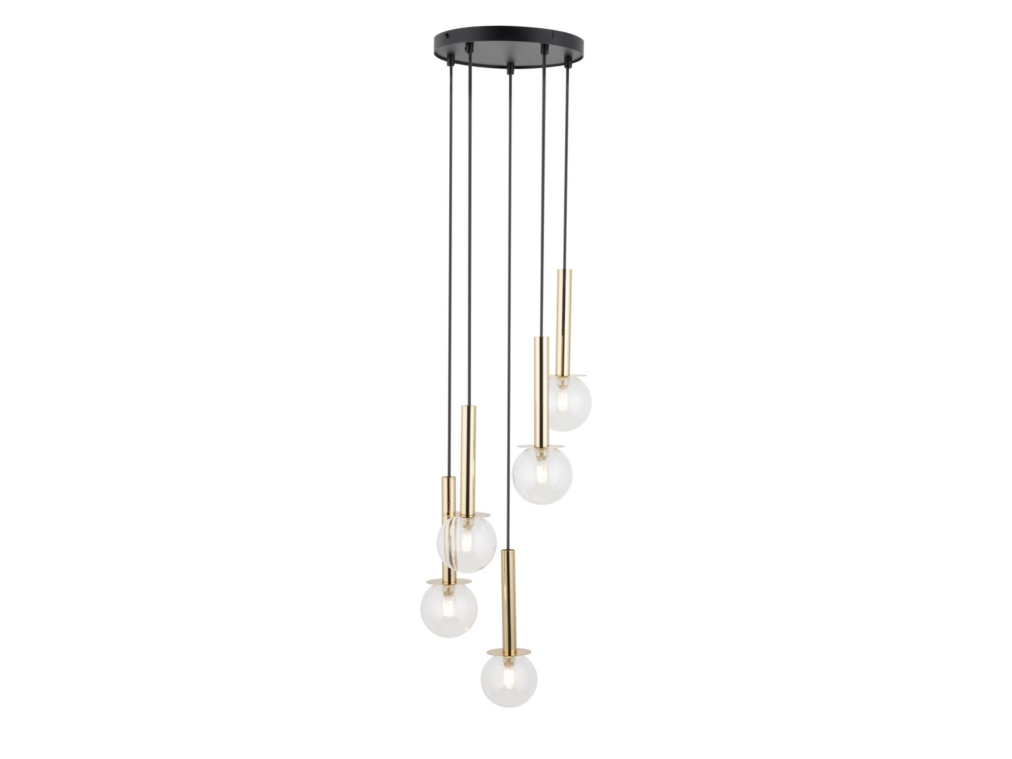 Lampa wisząca Daisy 5 ze złotymi metalowymi elementami i pięcioma transparentnymi kulami.