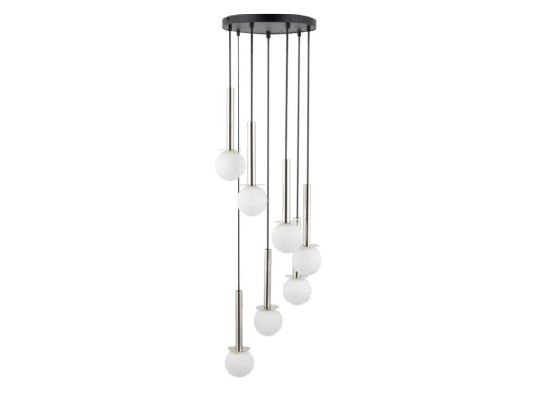 Lampa wisząca Daisy 7 z czarno-srebrną konstrukcją i białymi szklanymi kulami