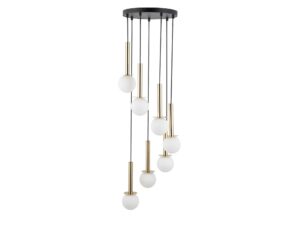 Miniaturka 4 - Lampa wisząca Daisy 7 z czarno-złotą konstrukcją i siedmioma białymi szklanymi kulami