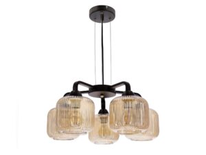 Miniaturka 2 - Lampa wisząca Davimino czarna z pięcioma prążkowanymi bursztynowymi szklanymi kloszami