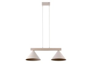 Miniaturka 14 - Lampa wisząca Deco 2, dwa białe stożkowe klosze i belka z bielonego drewna