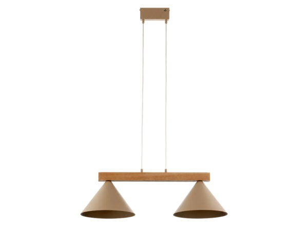 Lampa wisząca Deco 2-punktowa z drewnianą belką na białym tle