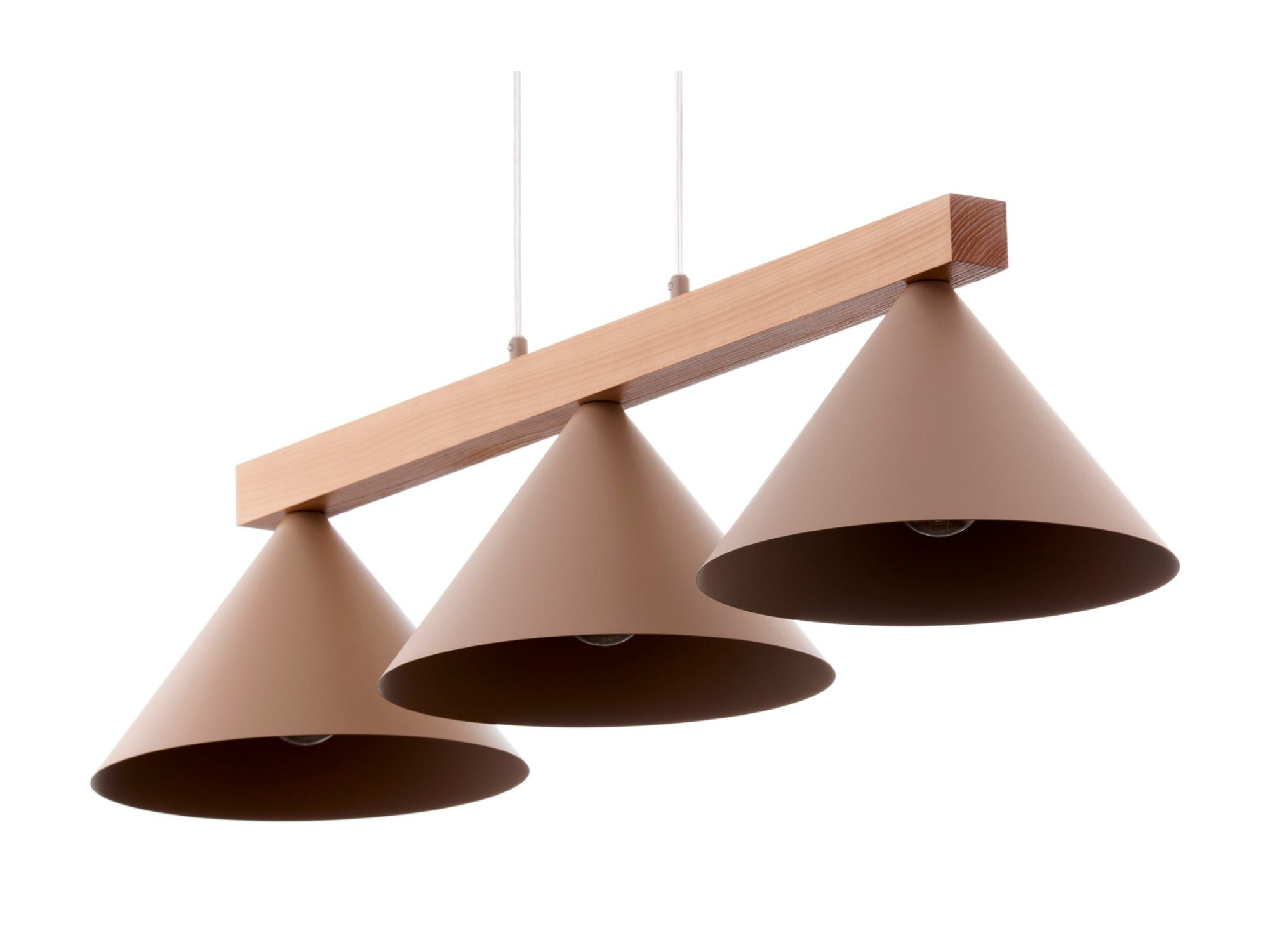 Lampa wisząca Deco 3 w ciepłym beżu, zbliżenie trzech stożkowych kloszy