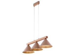 Miniaturka 1 - Lampa wisząca Deco 3 w ciepłym beżu, ukośny widok trzech kloszy pod drewnianą belką